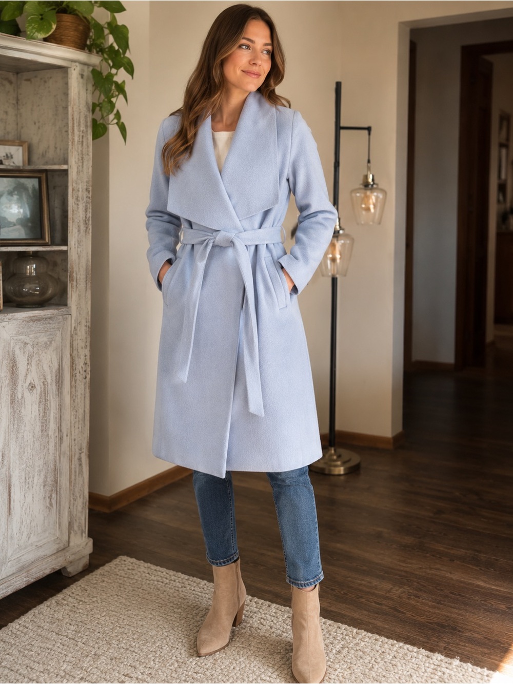Cole Haan Light Blue Wrap Belted Trench Coat